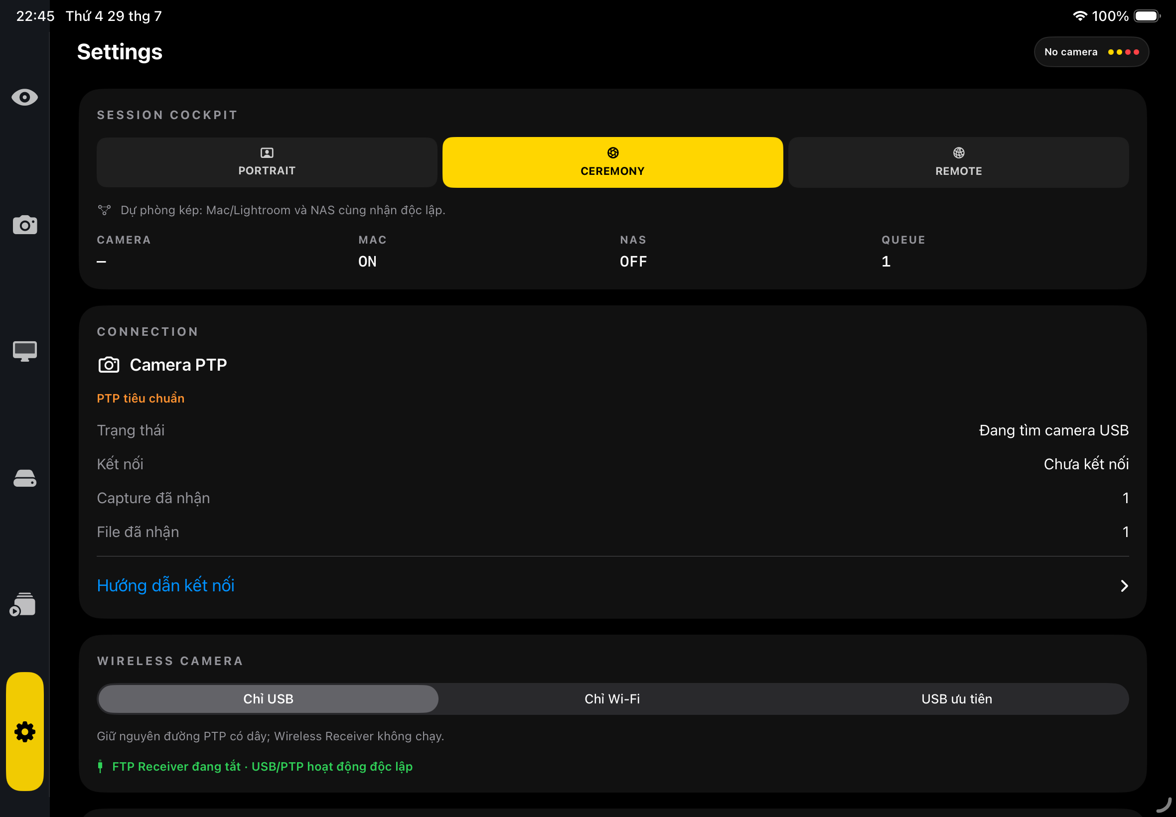 Session Cockpit — Switch between Portrait, Ceremony and Remote presets while seeing camera, Mac, NAS and queue state together.